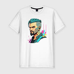 Мужская slim-футболка Портрет мужчины с бородой Cyberpunk 2077