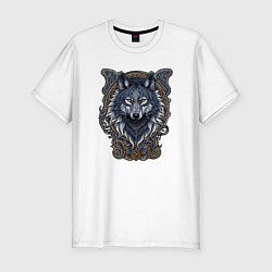 Мужская slim-футболка Волк талисман в славянском орнаменте