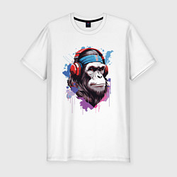 Мужская slim-футболка Шимпанзе в наушниках