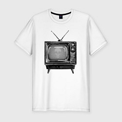 Мужская slim-футболка Старый телевизор черно-белый шум и череп