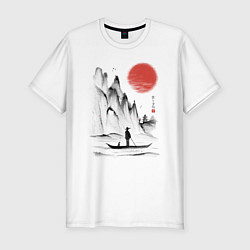 Футболка slim-fit Традиционный японский пейзаж с рыбаком и горами, цвет: белый