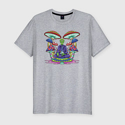 Мужская slim-футболка Медитирующий инопланетянин среди грибов