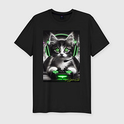 Мужская slim-футболка Котёнок командный геймер - киберспорт