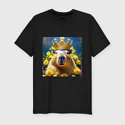 Мужская slim-футболка Мем капибара царь на троне и желтые цветы