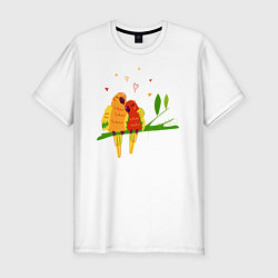 Мужская slim-футболка Пара влюбленных попугаев на ветке