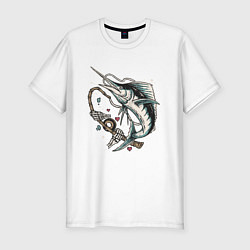 Мужская slim-футболка Скелет рыбалка