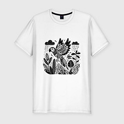 Мужская slim-футболка Летящий попугай и растения