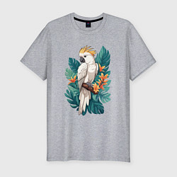 Мужская slim-футболка Попугай какаду и тропические листья