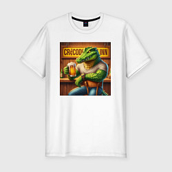 Мужская slim-футболка Крутой крокодил в пивном баре