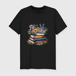 Мужская slim-футболка Стопка книг с полевыми цветами