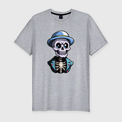 Мужская slim-футболка Скелет в синей шляпе