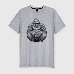 Мужская slim-футболка Новогодняя горилла на корточках
