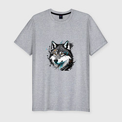 Мужская slim-футболка Портрет волка с брызгами краски