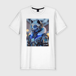 Футболка slim-fit Cyber cat - ai art fantasy, цвет: белый