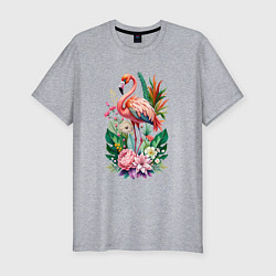 Футболка slim-fit Розовый фламинго среди цветов, цвет: меланж