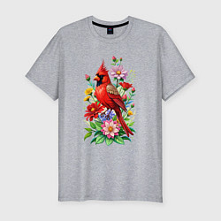 Футболка slim-fit Птица красный кардинал среди цветов, цвет: меланж