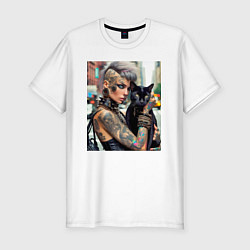 Мужская slim-футболка Девчонка панк в татухах с чёрным котом - нейросеть