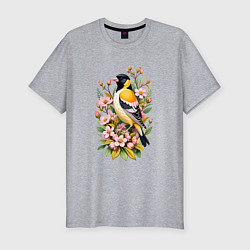 Мужская slim-футболка Черноголовый щегол среди цветов