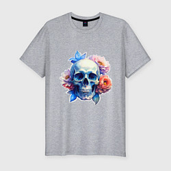 Мужская slim-футболка Акварельный череп в цветах