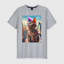 Футболка slim-fit Funny cat punk from New York - ai art, цвет: меланж