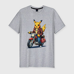 Мужская slim-футболка Пикачу на старом мотоцикле