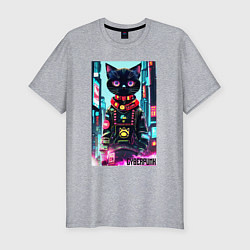 Мужская slim-футболка Котёнок в мегаполисе - киберпанк