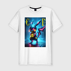 Мужская slim-футболка Cyber Pikachu - neon glow ai art