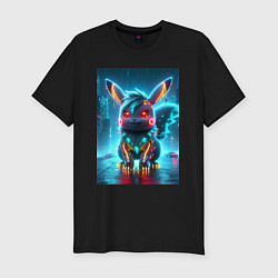 Мужская slim-футболка Cyber Pikachu in the neon metropolis - ai art