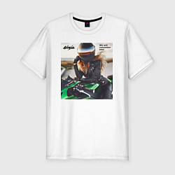 Мужская slim-футболка Девушка на мотоцикле Kawasaki ninja- память