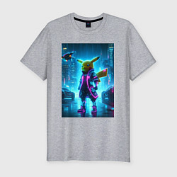 Футболка slim-fit Кибер Пикачу под дождём - неоновое свечение костюм, цвет: меланж