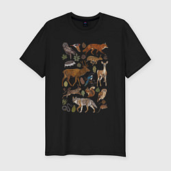 Футболка slim-fit Лесные животные и птицы, цвет: черный