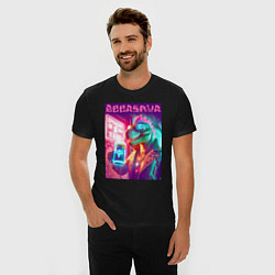 Футболка slim-fit Cool dude Dino with a mug of beer - ai art, цвет: черный — фото 2