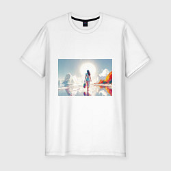 Мужская slim-футболка Девушка на фантастическом пляже
