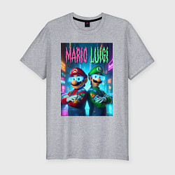 Футболка slim-fit Марио и Луиджи в неоновом городе - нейроарт, цвет: меланж