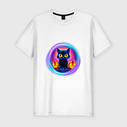 Мужская slim-футболка Кот неоновый с тыквами