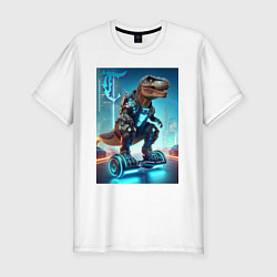 Футболка slim-fit Cyber tyrannosaur on a hoverboard - neon glow fant, цвет: белый