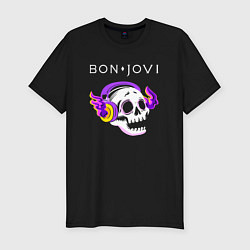 Футболка slim-fit Bon Jovi - неоновый череп, цвет: черный