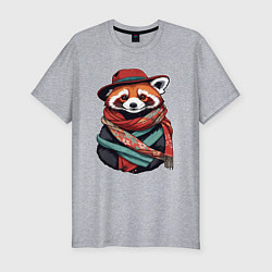 Мужская slim-футболка Красная панда в шляпе и шарфе