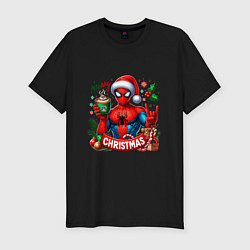 Футболка slim-fit Новогодний человек паук merry christmas с горячим, цвет: черный