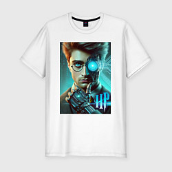 Футболка slim-fit Cyber Harry Potter - ai art neon fantasy, цвет: белый