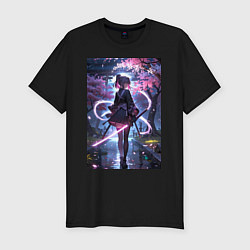 Мужская slim-футболка Девушка с катаной на фоне цветущей сакуры