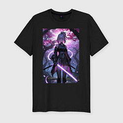 Мужская slim-футболка Девушка с катаной на фоне цветущей сакуры