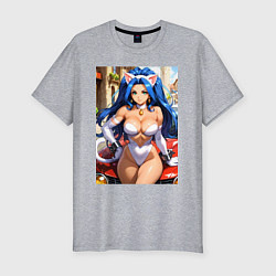 Мужская slim-футболка Фелиция сидит на капоте машины