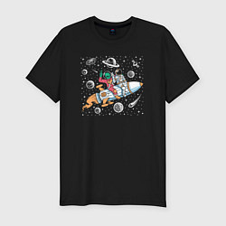 Футболка slim-fit Космонавт и пришелец на ракете, цвет: черный