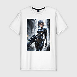 Мужская slim-футболка Девушка в кожаном костюме со снайперской винтовкой