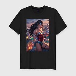 Мужская slim-футболка Чудо-женщина на крыше с городским фоном в стиле ко