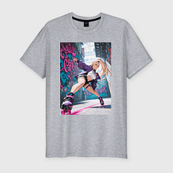Мужская slim-футболка Девушка на роликах исполняет трюки