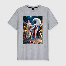 Мужская slim-футболка Белоснежная лиса лунной ночью