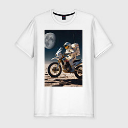 Футболка slim-fit Космонавт ездит на мотоцикле по Луне, цвет: белый
