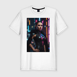 Футболка slim-fit Девушка с кошачьими ушами стоит на фоне небоскребо, цвет: белый